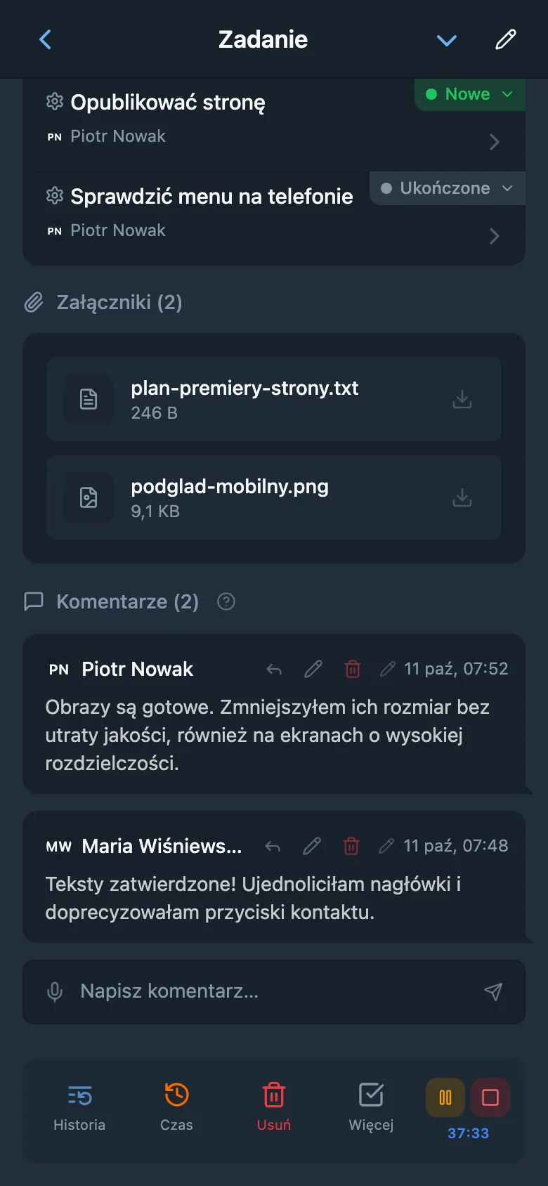 Działający stoper śledzenia czasu w zadaniu