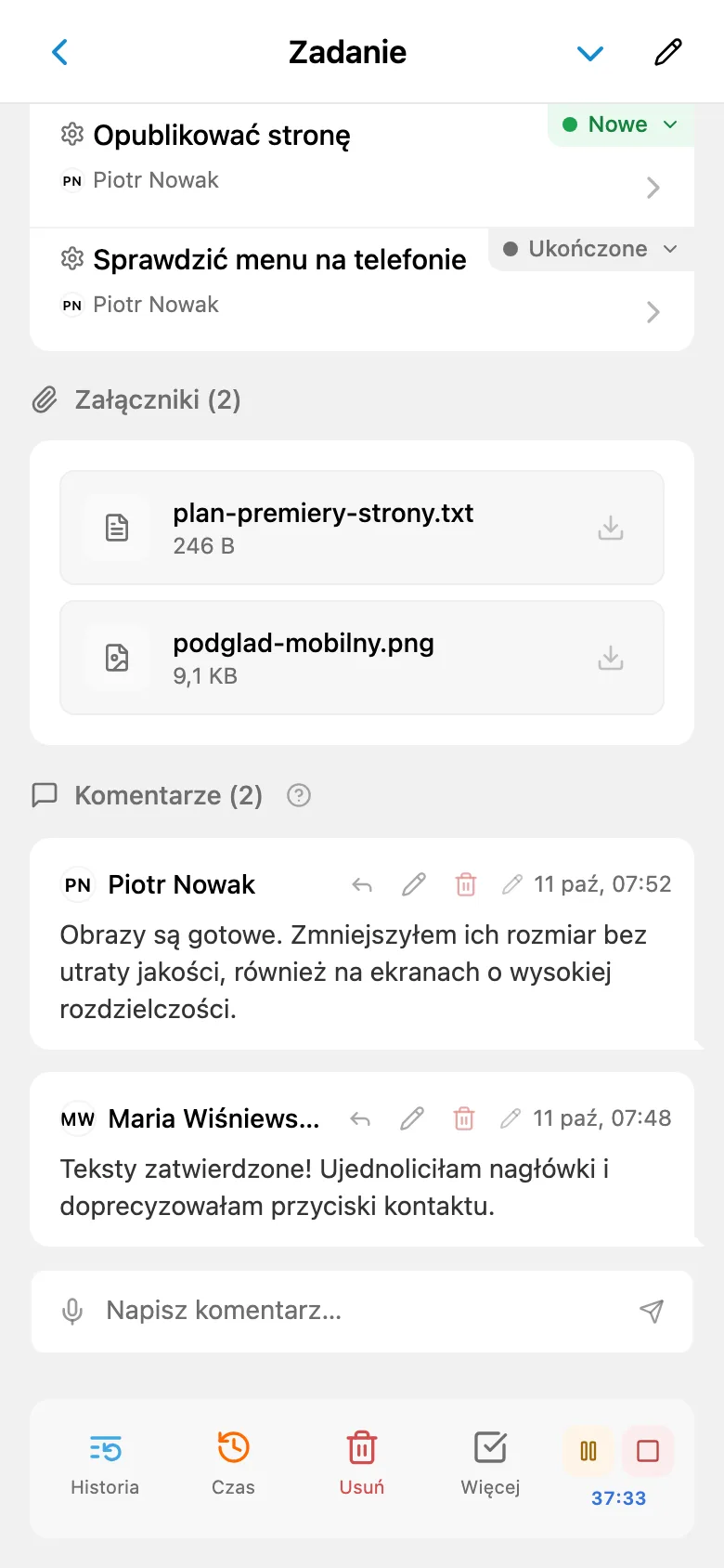 Działający stoper śledzenia czasu w zadaniu