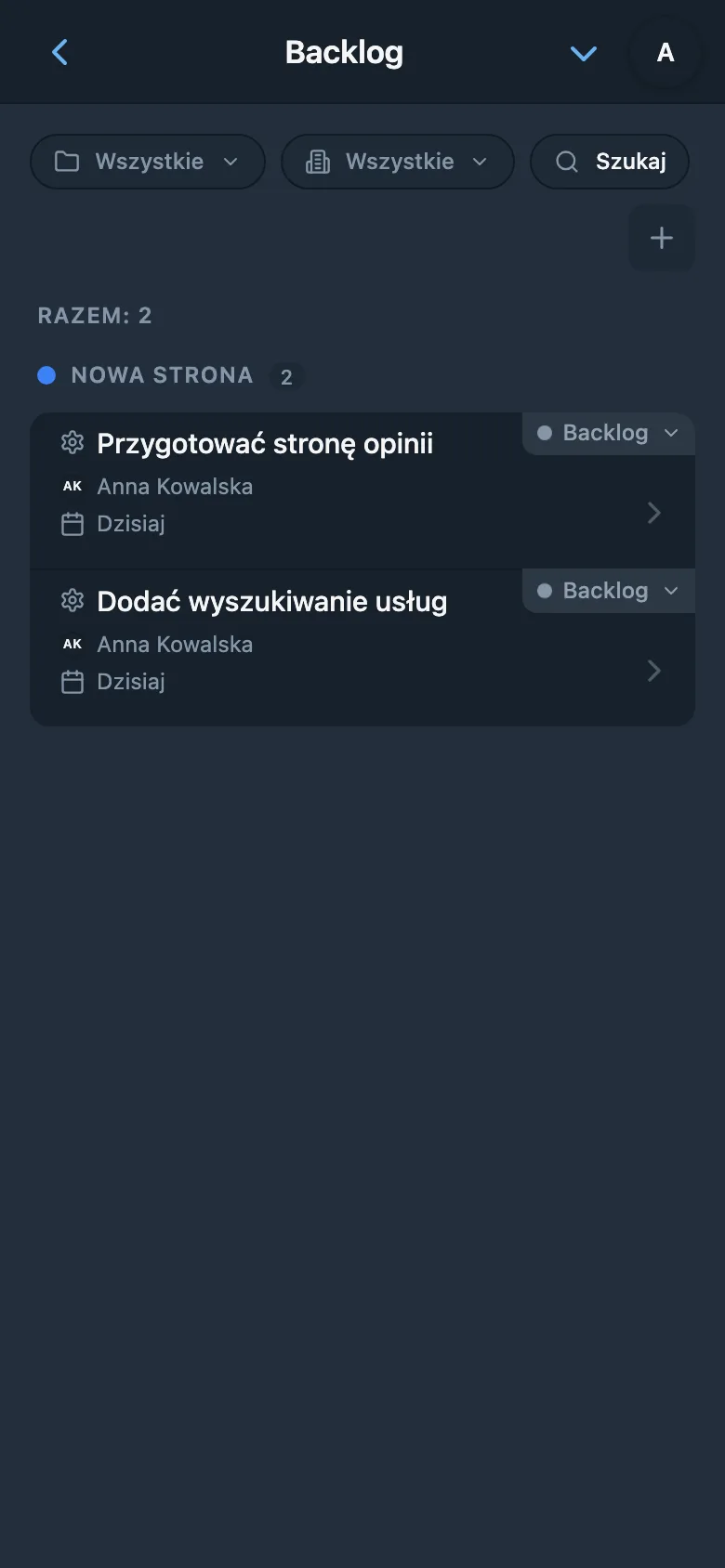 Backlog projektu z nierozpoczętymi zadaniami