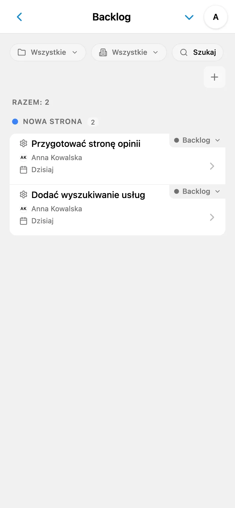 Backlog projektu z nierozpoczętymi zadaniami