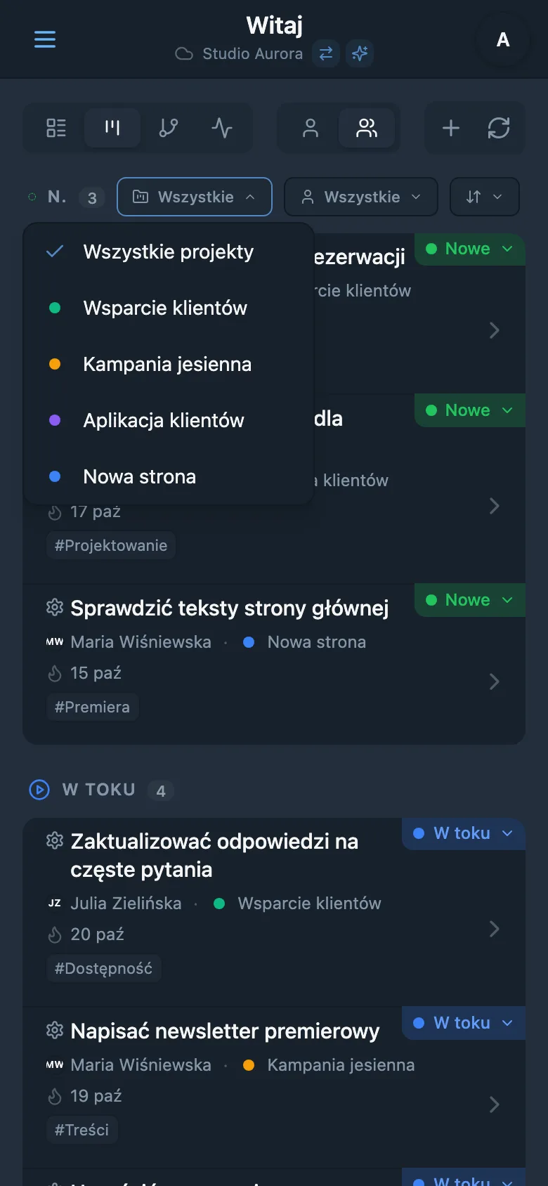 Panel filtrowania zadań według projektu