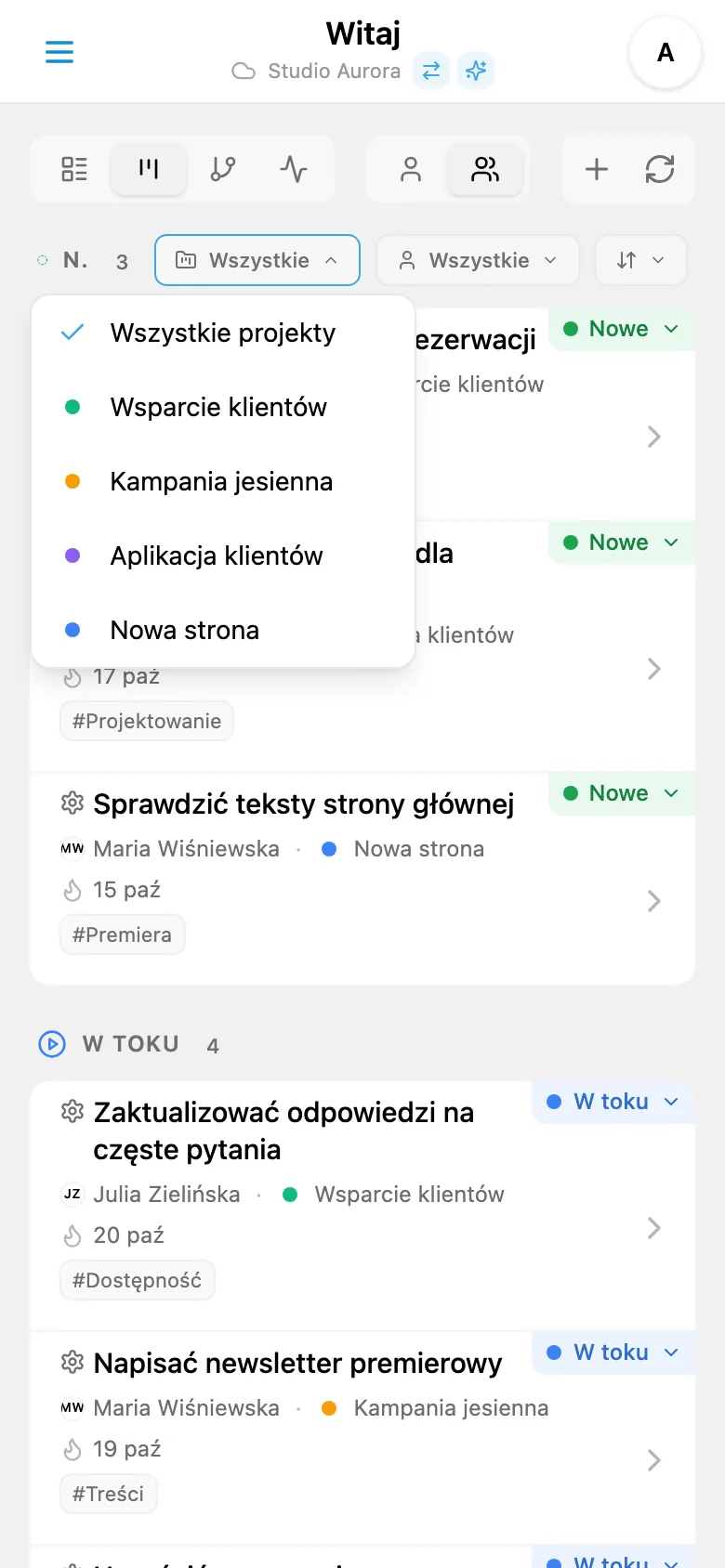 Panel filtrowania zadań według projektu