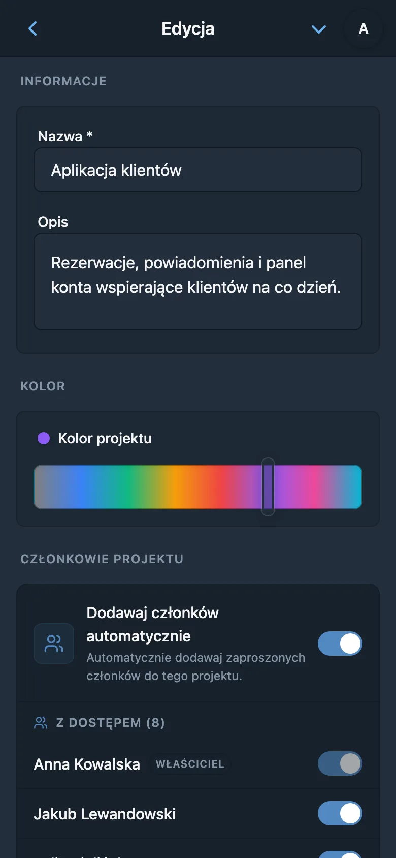 Wybór koloru w ustawieniach projektu