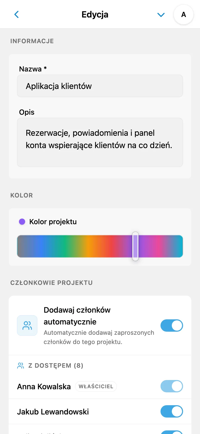 Wybór koloru w ustawieniach projektu