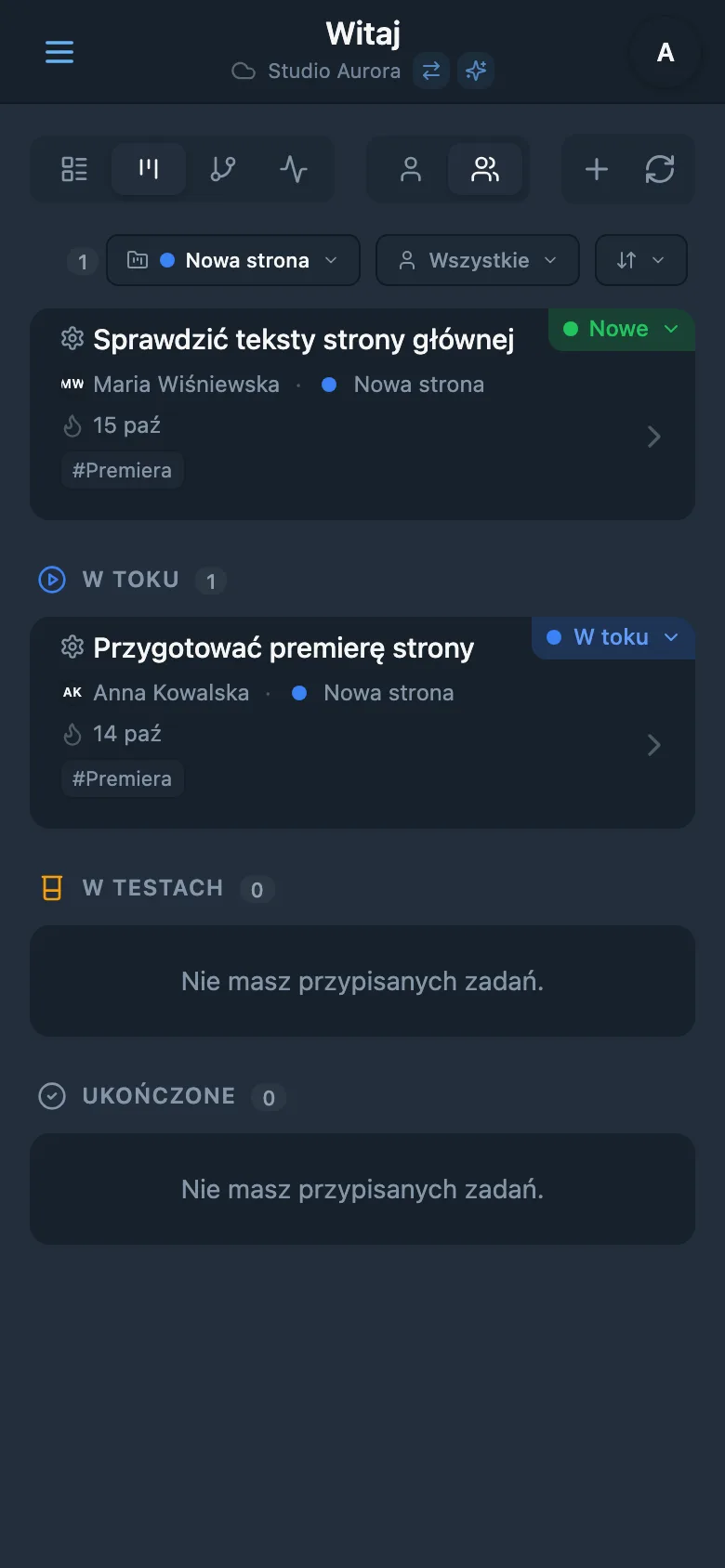 Zadania wybranego projektu z oznaczeniem koloru