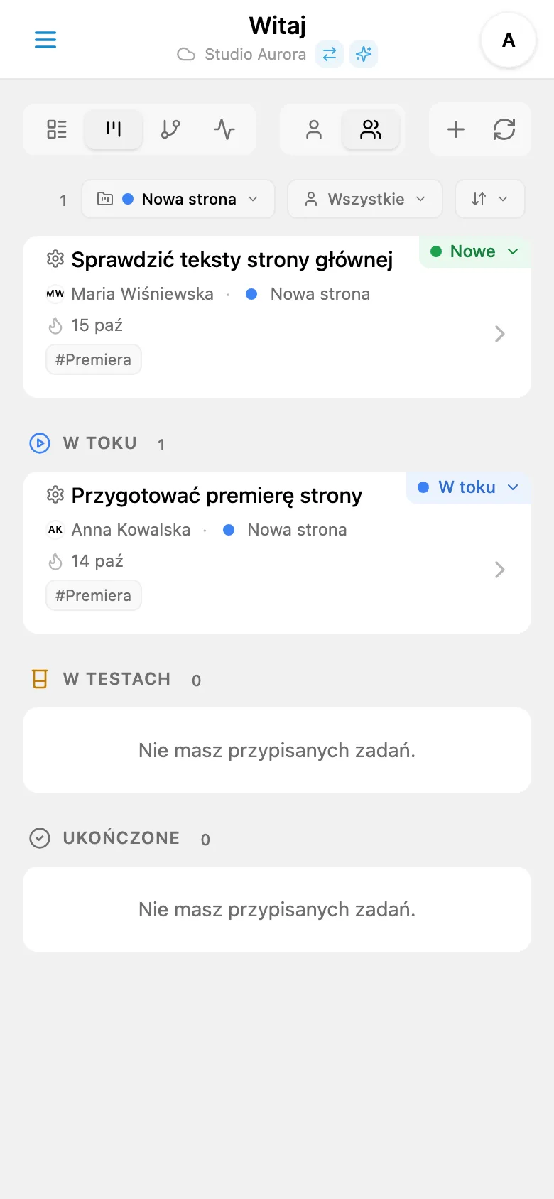 Zadania wybranego projektu z oznaczeniem koloru