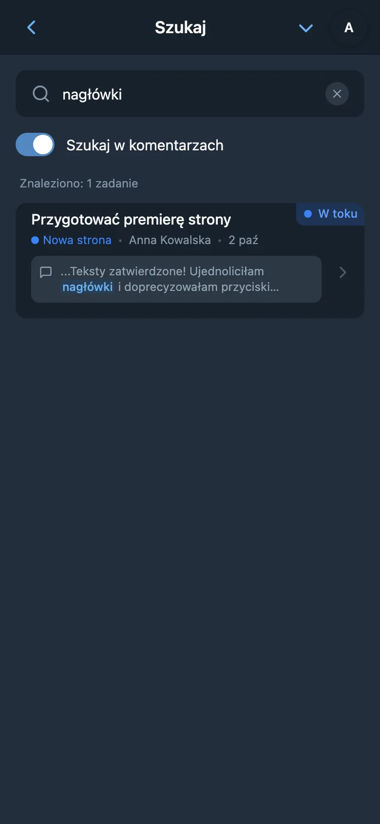 Wyniki wyszukiwania w komentarzach zadań