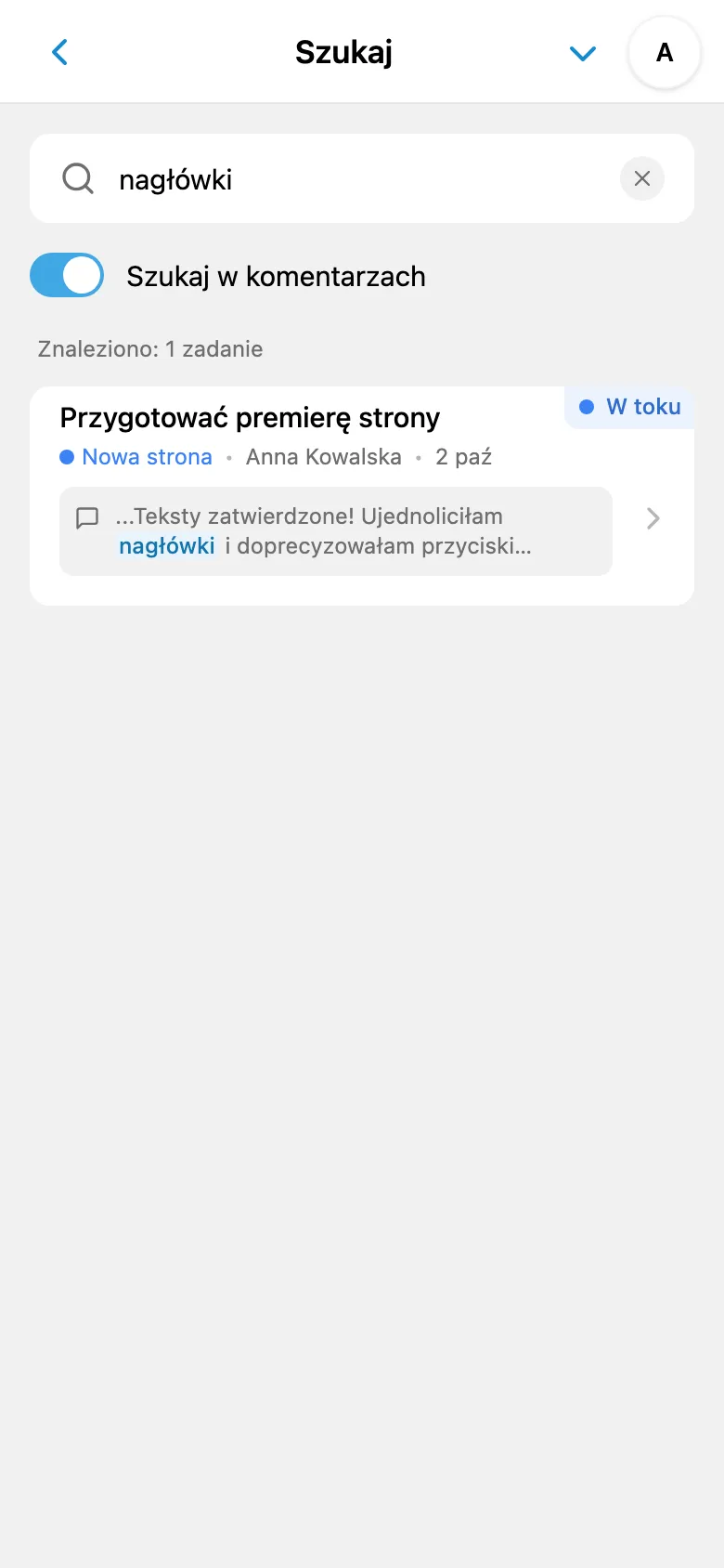 Wyniki wyszukiwania w komentarzach zadań