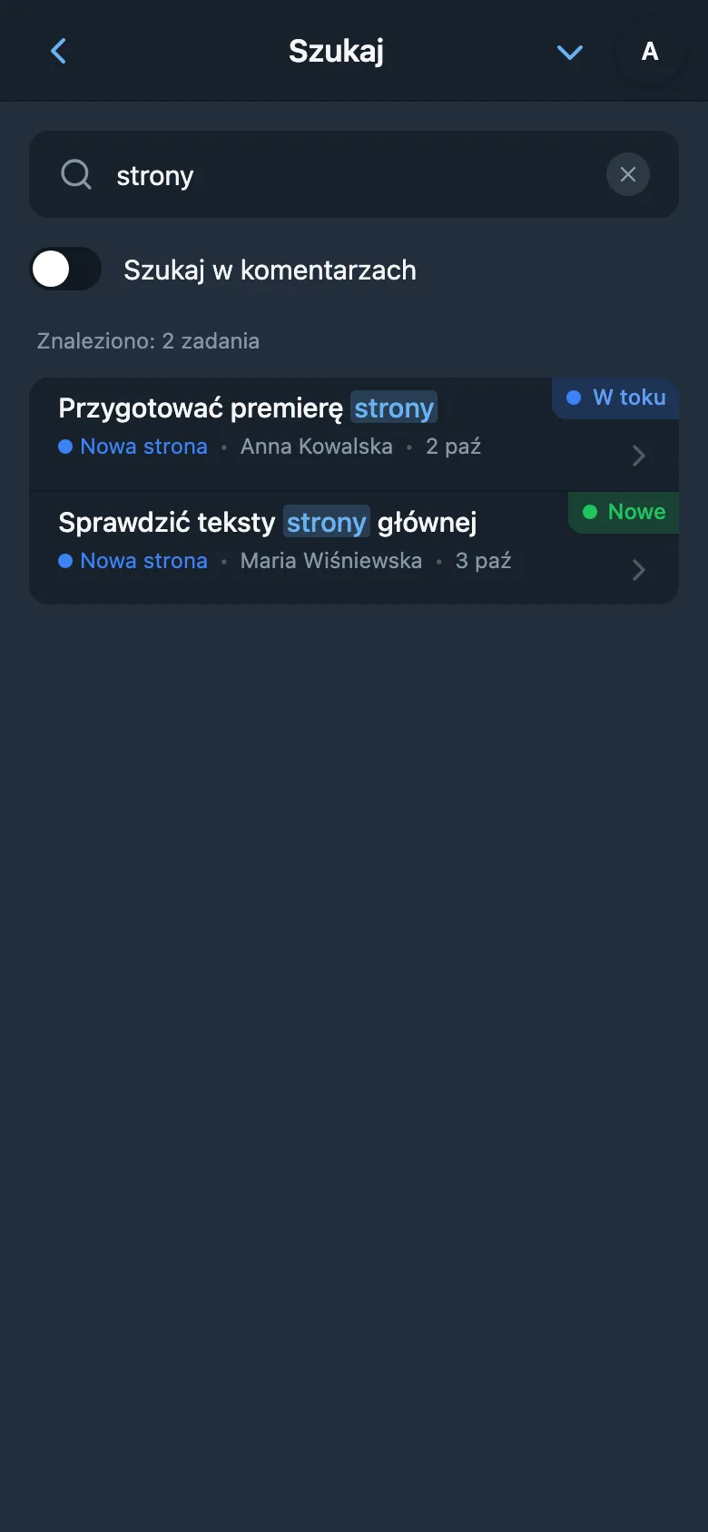 Wyszukiwanie zadań z wpisanym zapytaniem i widocznymi wynikami