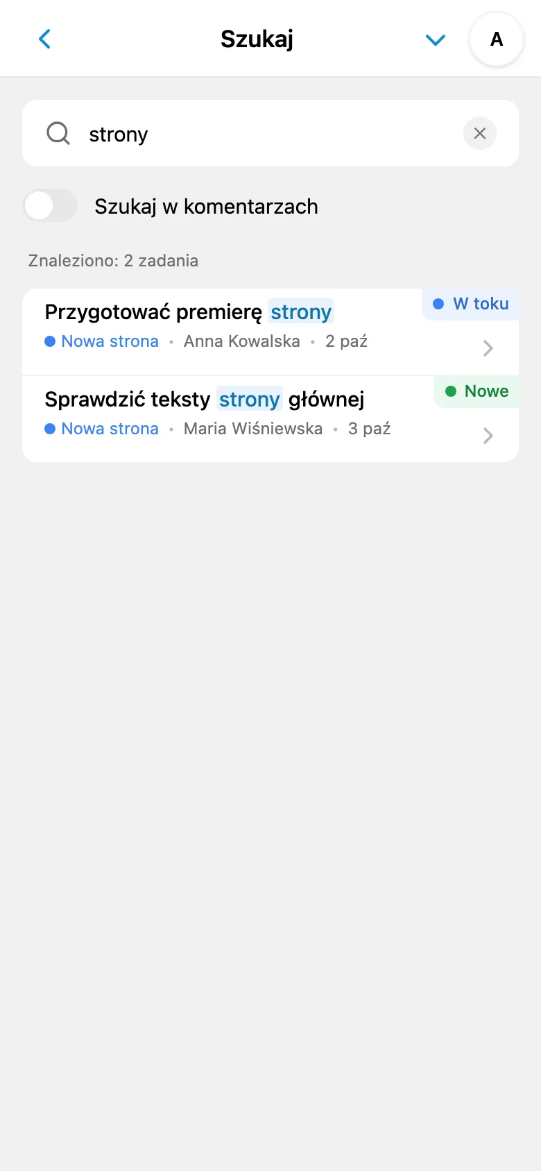 Wyszukiwanie zadań z wpisanym zapytaniem i widocznymi wynikami