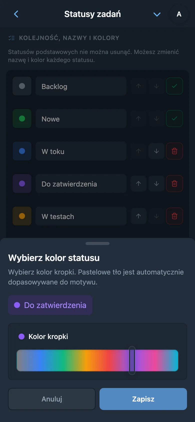 Zmiana nazwy i wybór koloru statusu zadania