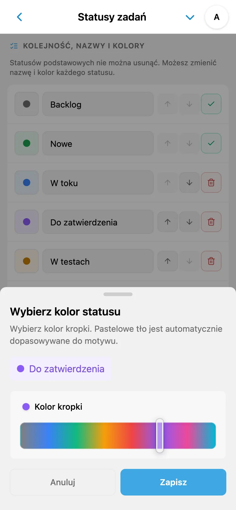 Zmiana nazwy i wybór koloru statusu zadania