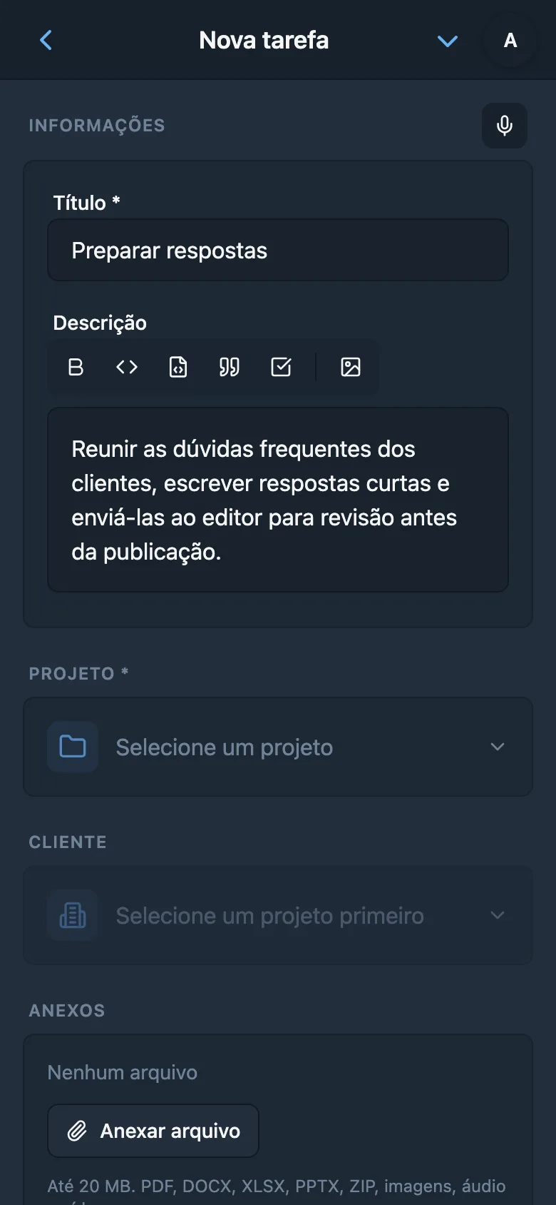 Título e descrição de tarefa preparados a partir de ditado