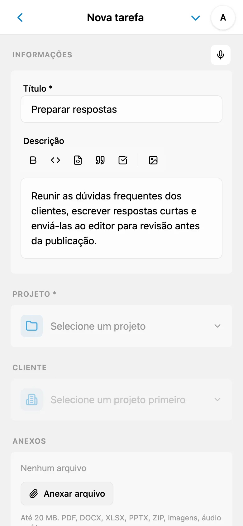 Título e descrição de tarefa preparados a partir de ditado