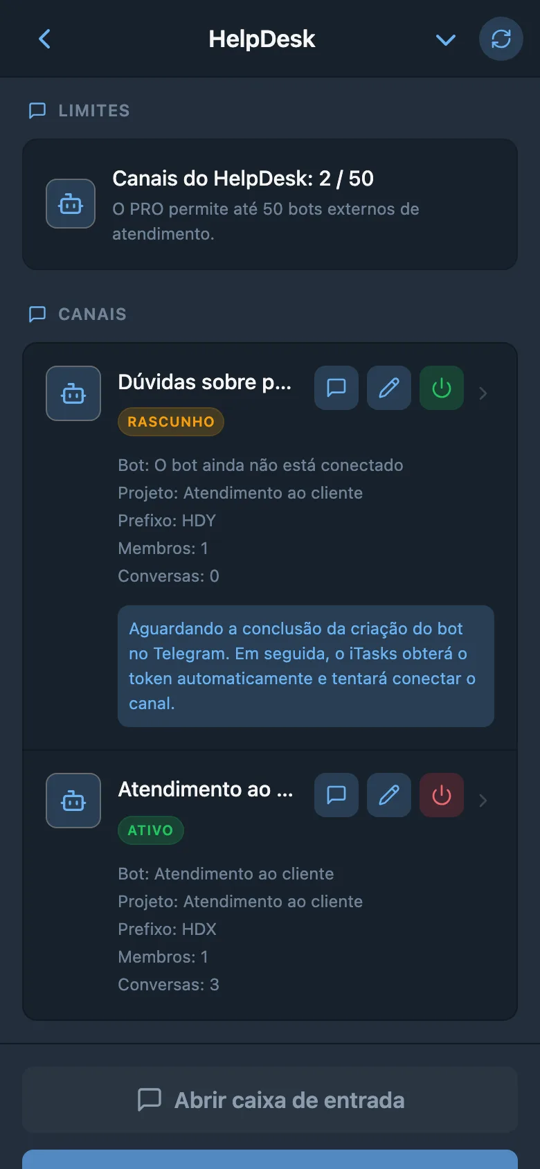 Lista de canais do HelpDesk