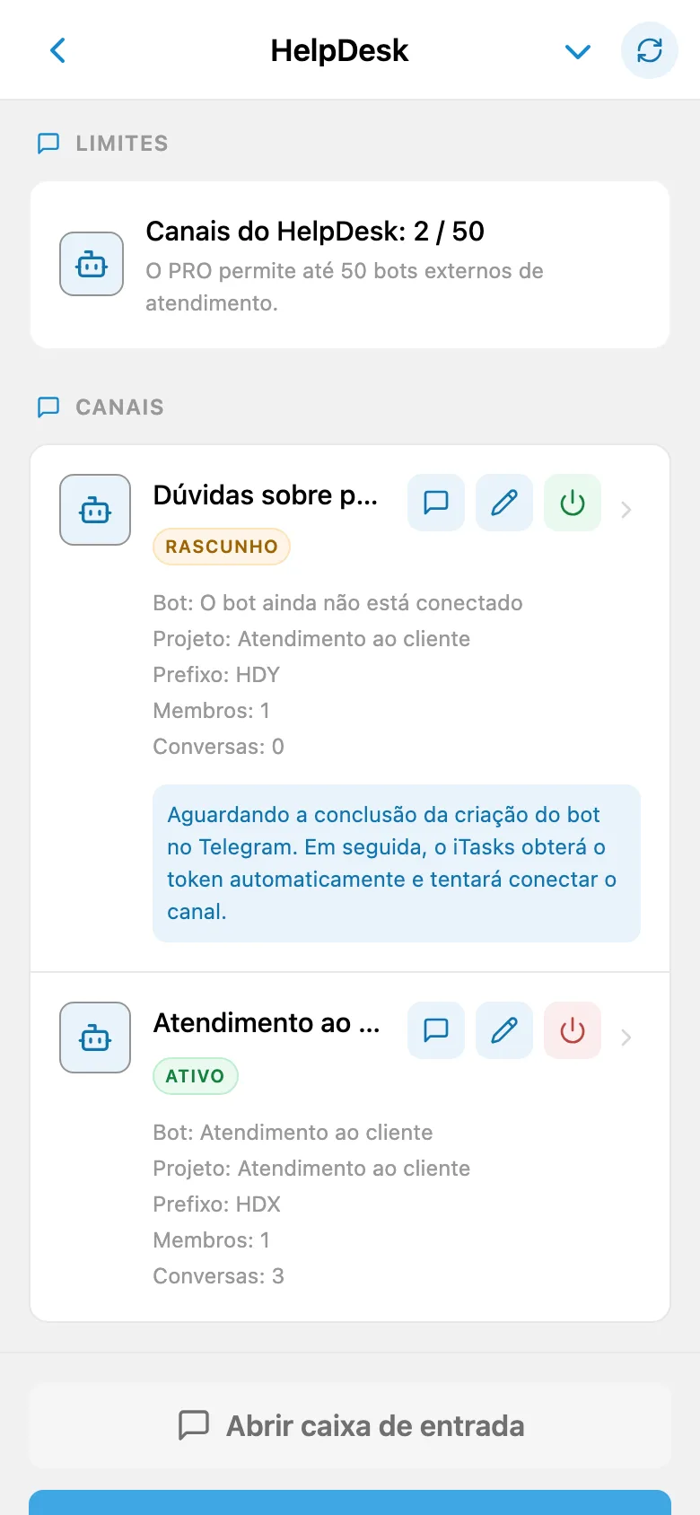 Lista de canais do HelpDesk