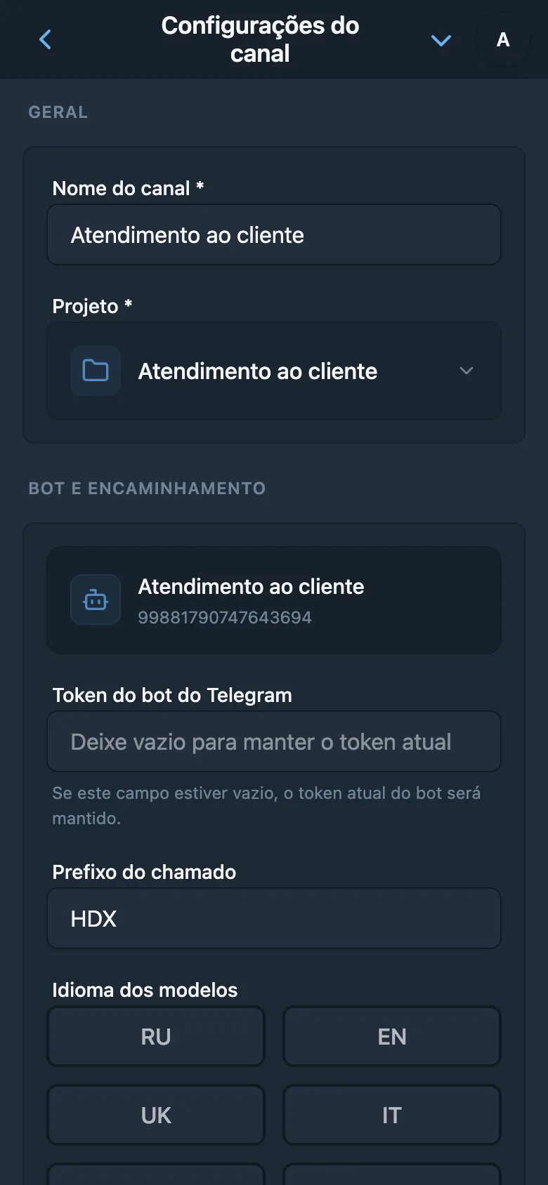 Configurações gerais de um canal do HelpDesk