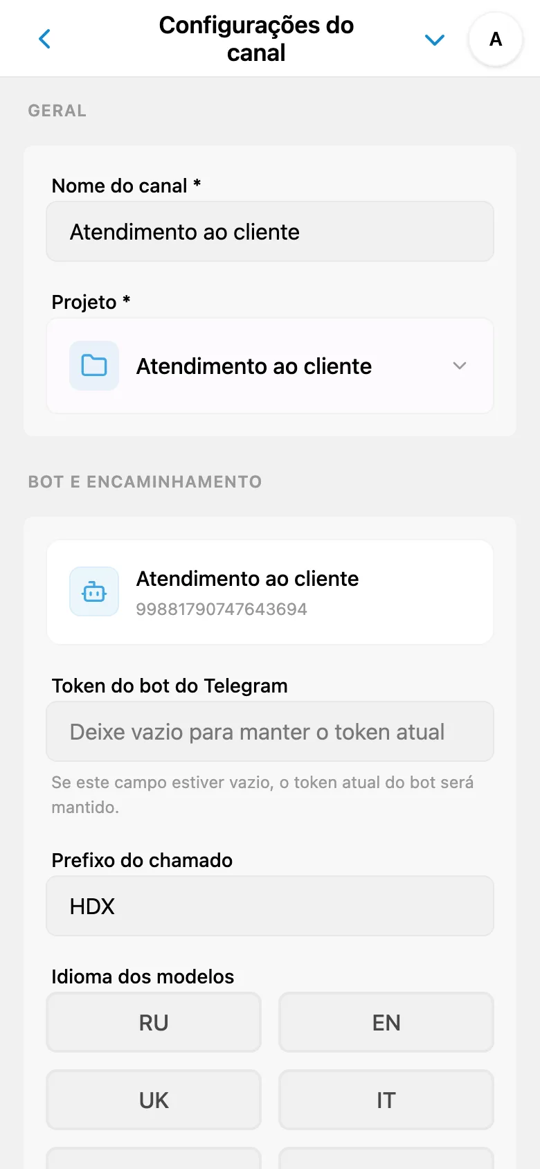 Configurações gerais de um canal do HelpDesk