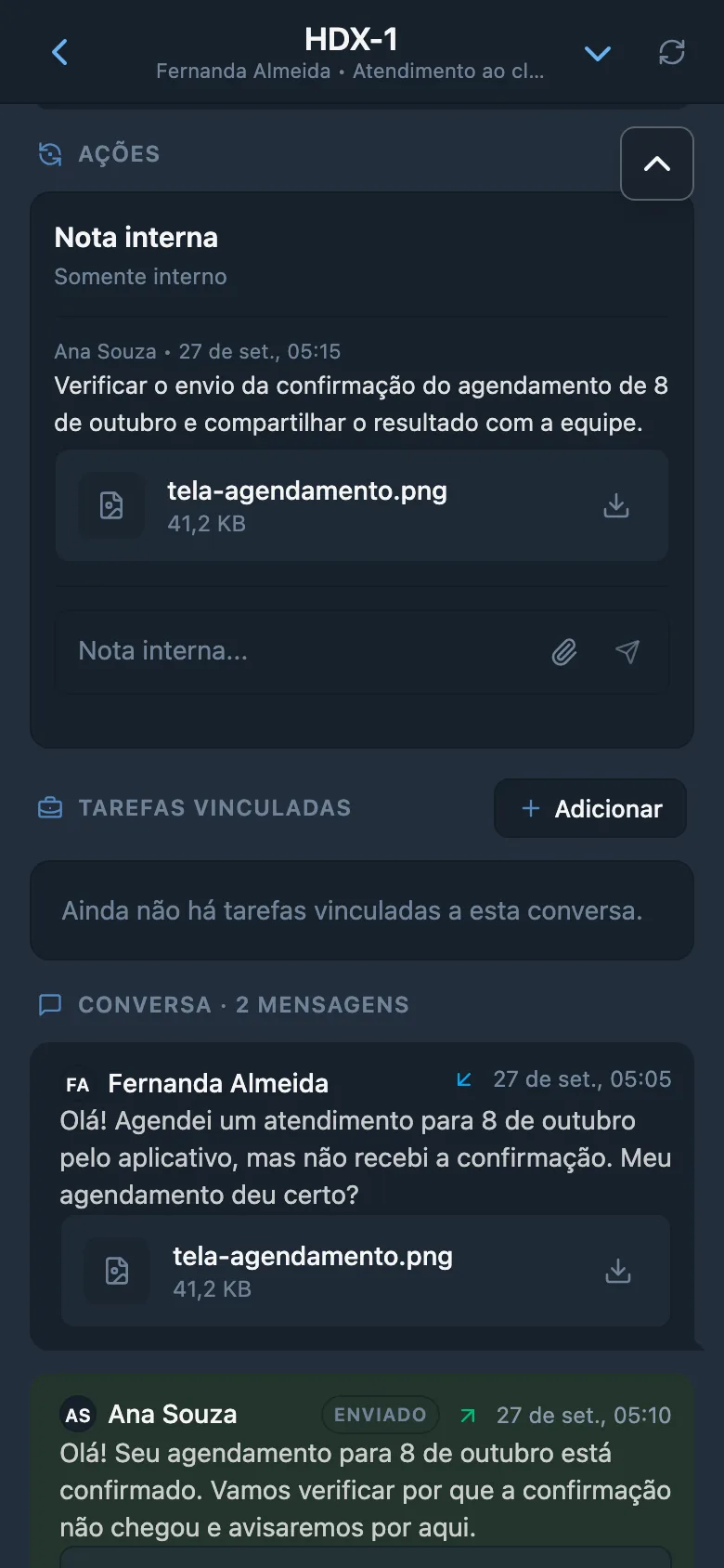 Nota interna em uma solicitação do HelpDesk