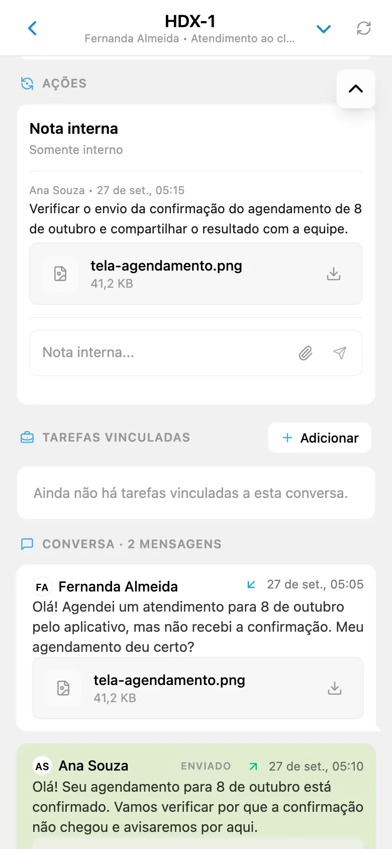 Nota interna em uma solicitação do HelpDesk