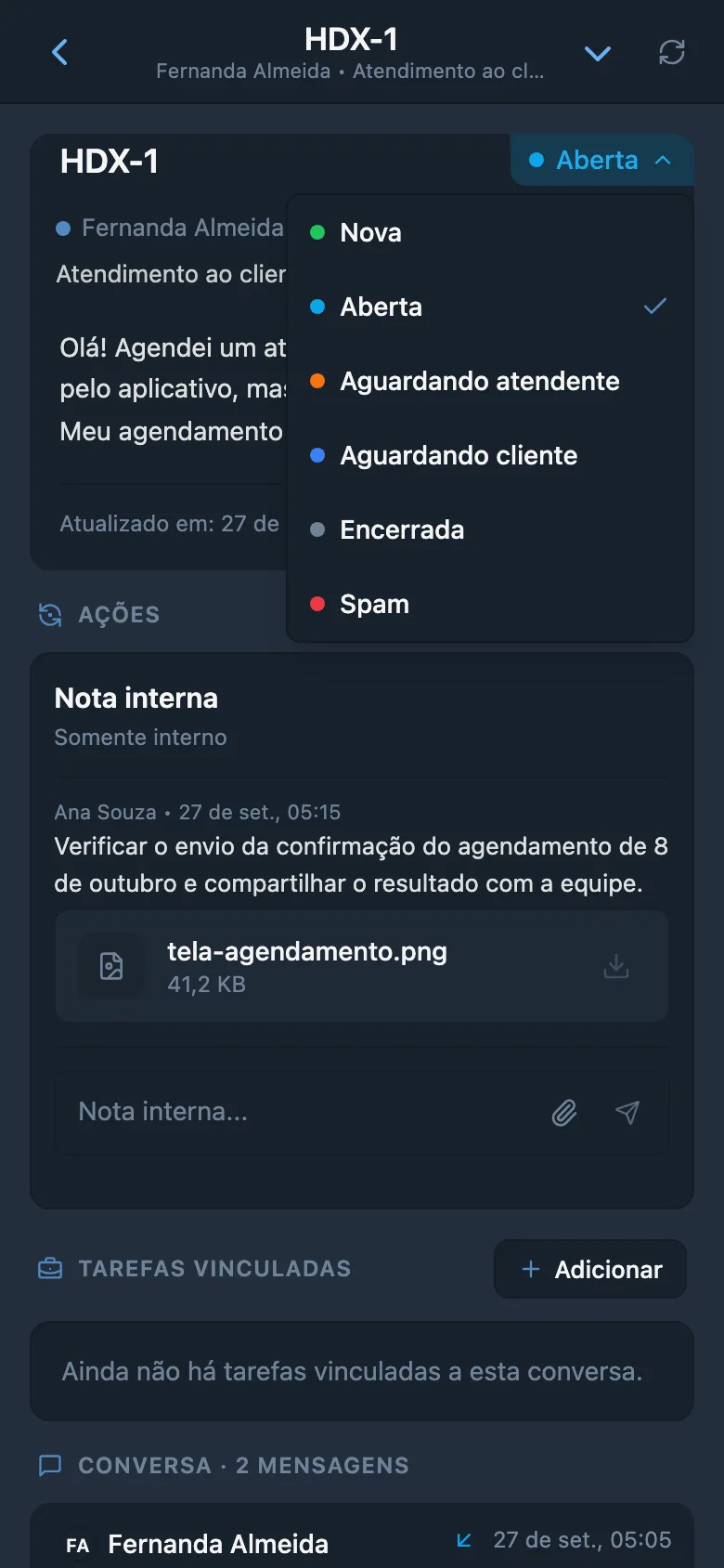 Solicitação aberta de cliente com status e responsável