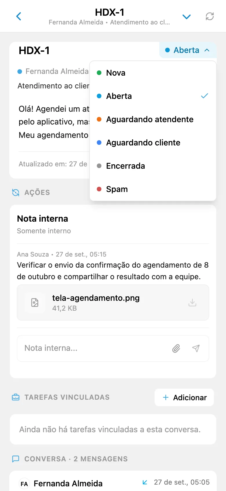 Solicitação aberta de cliente com status e responsável