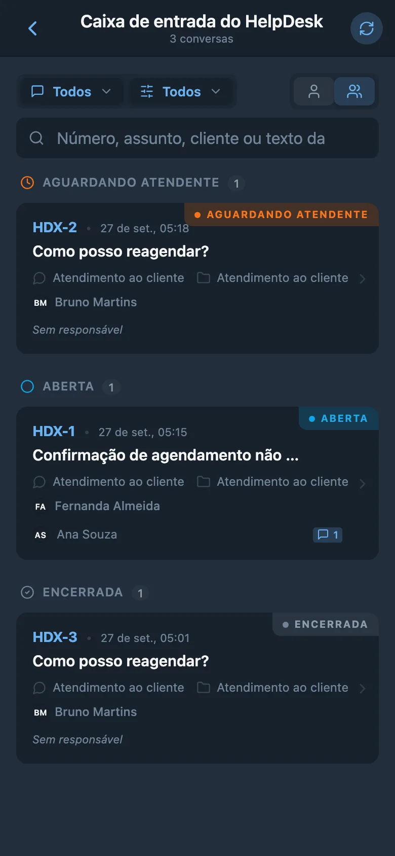 Solicitações recebidas de clientes em diferentes status