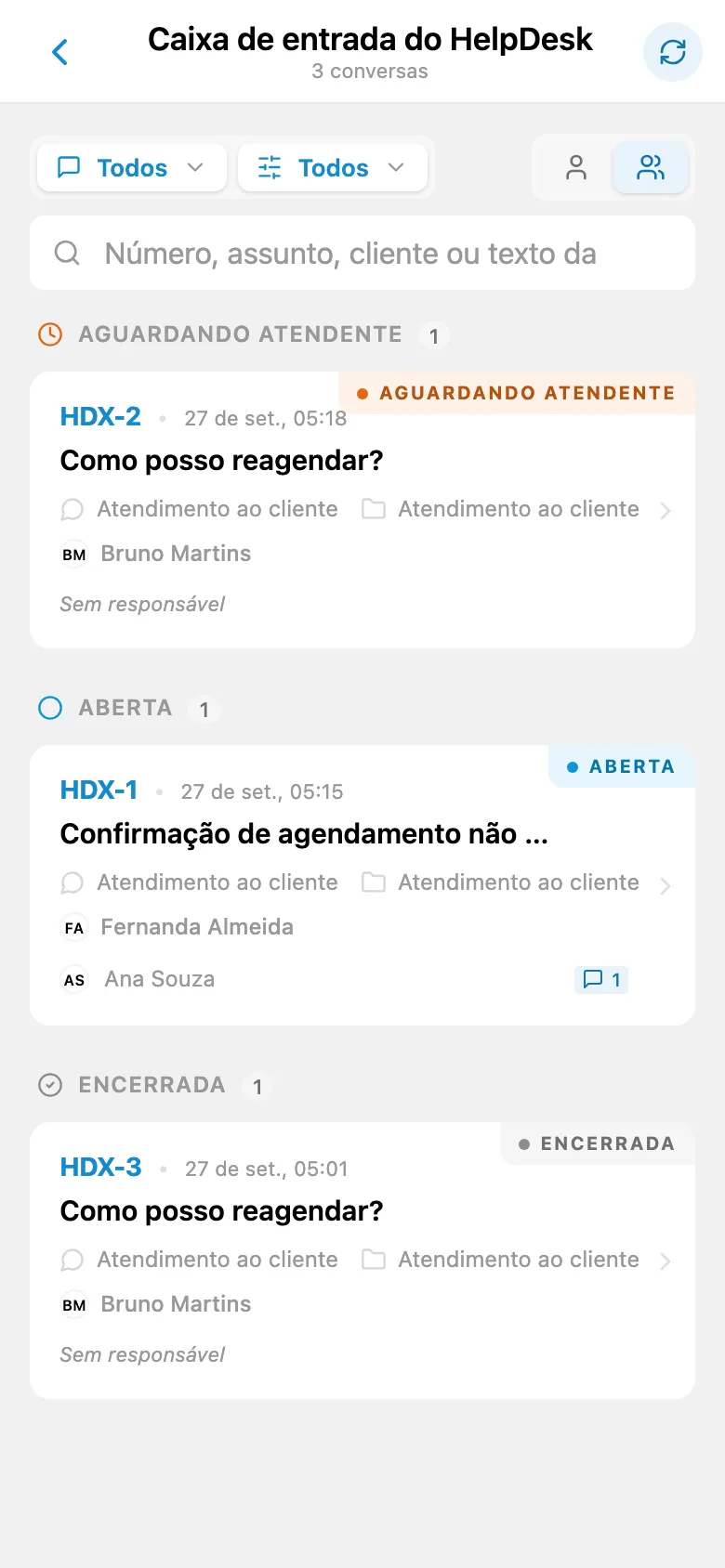 Solicitações recebidas de clientes em diferentes status
