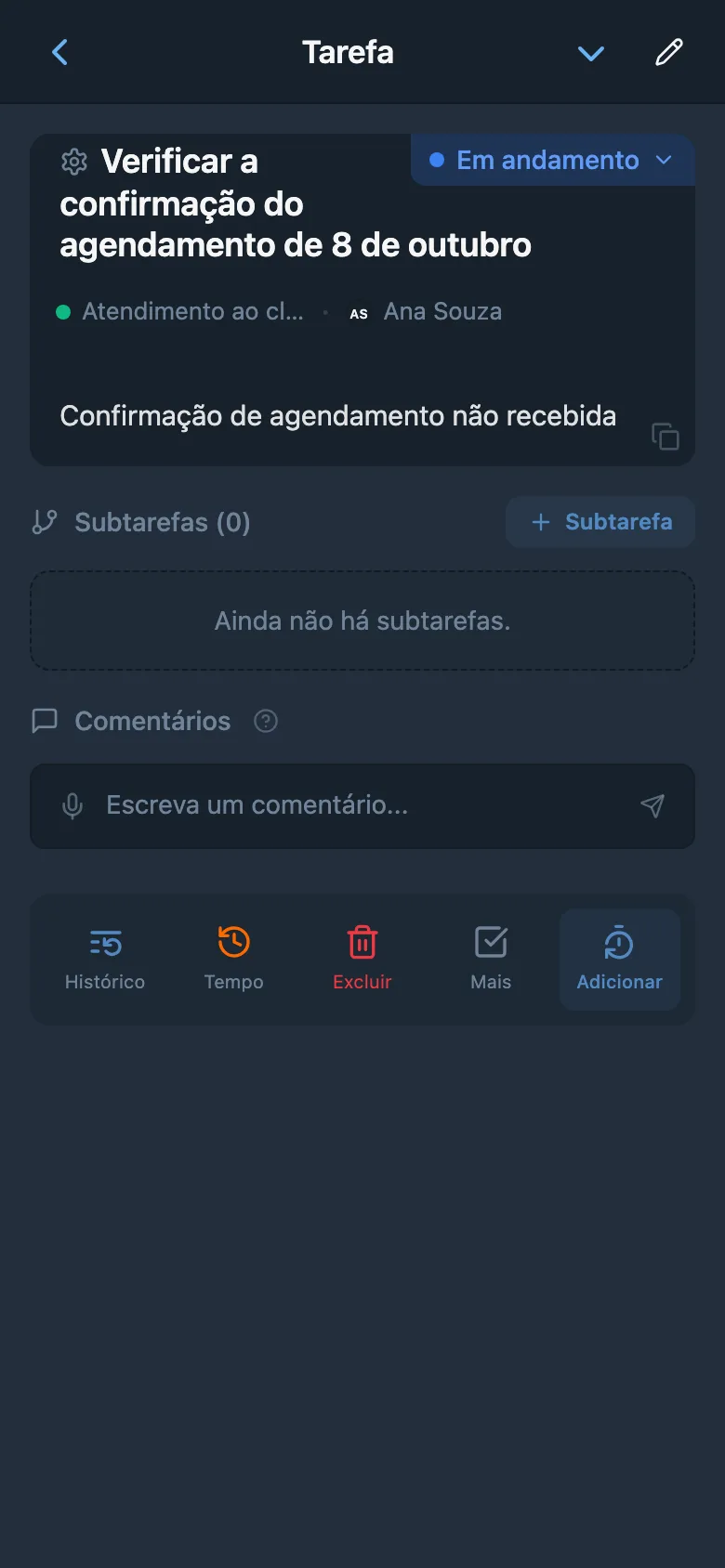 Tarefa vinculada a uma solicitação de cliente