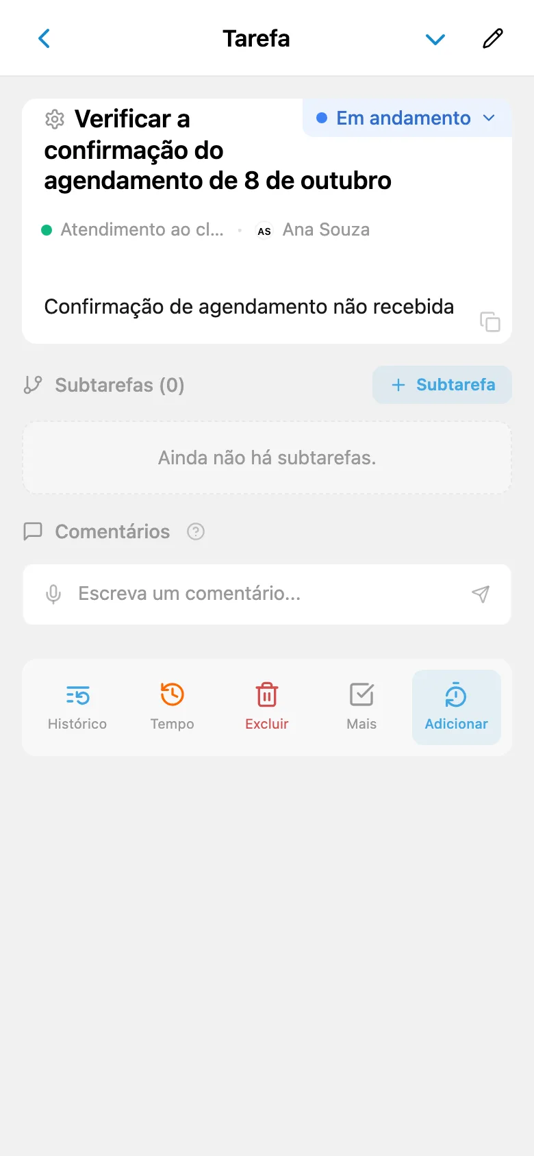 Tarefa vinculada a uma solicitação de cliente