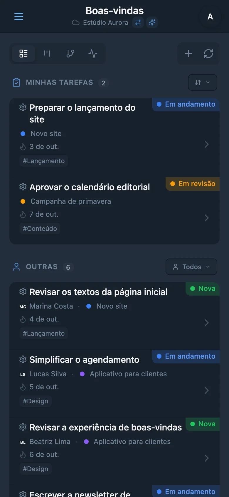 Lista de tarefas do Estúdio Aurora com status, projetos e prazos