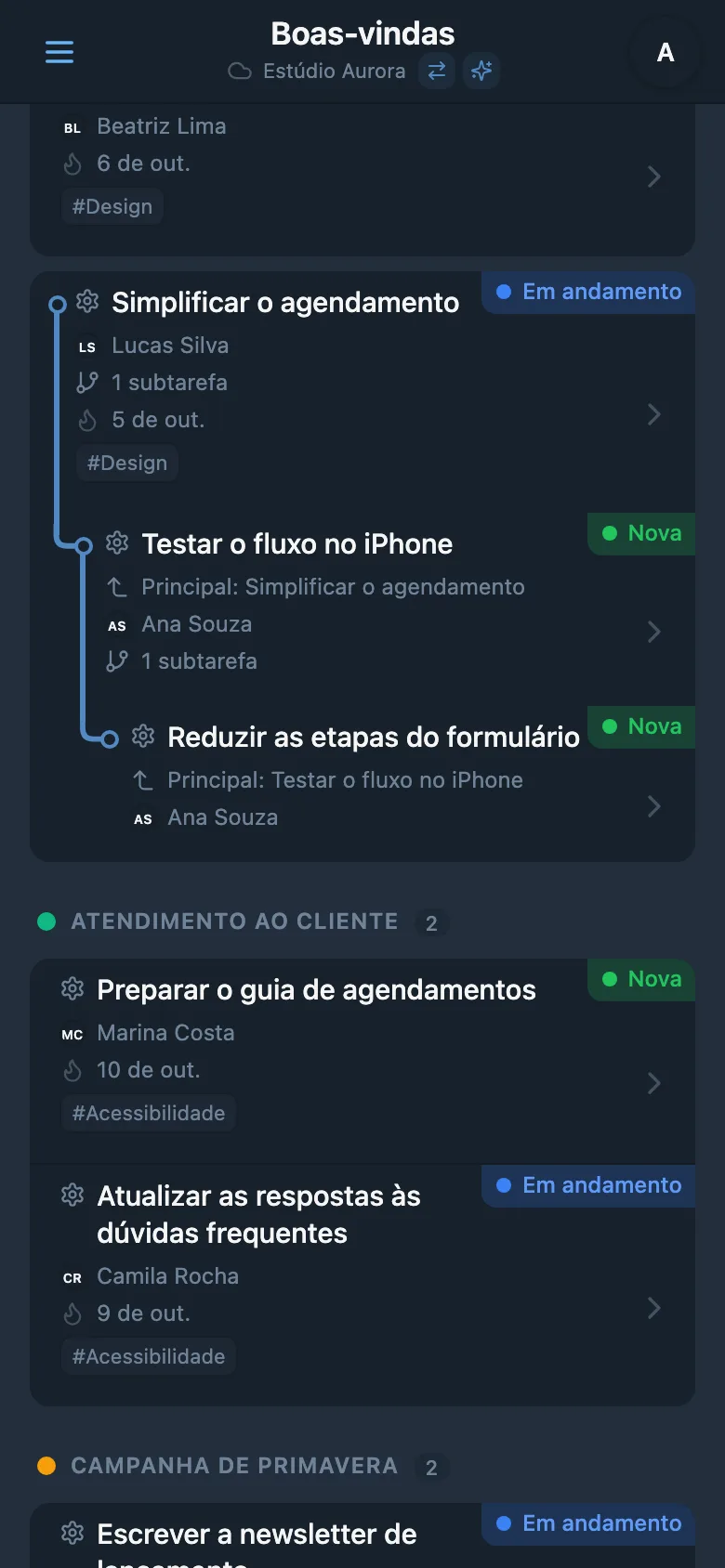 Árvore de tarefas do projeto expandida, com vários níveis de subtarefas