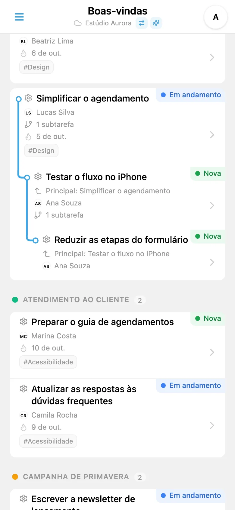 Árvore de tarefas do projeto expandida, com vários níveis de subtarefas