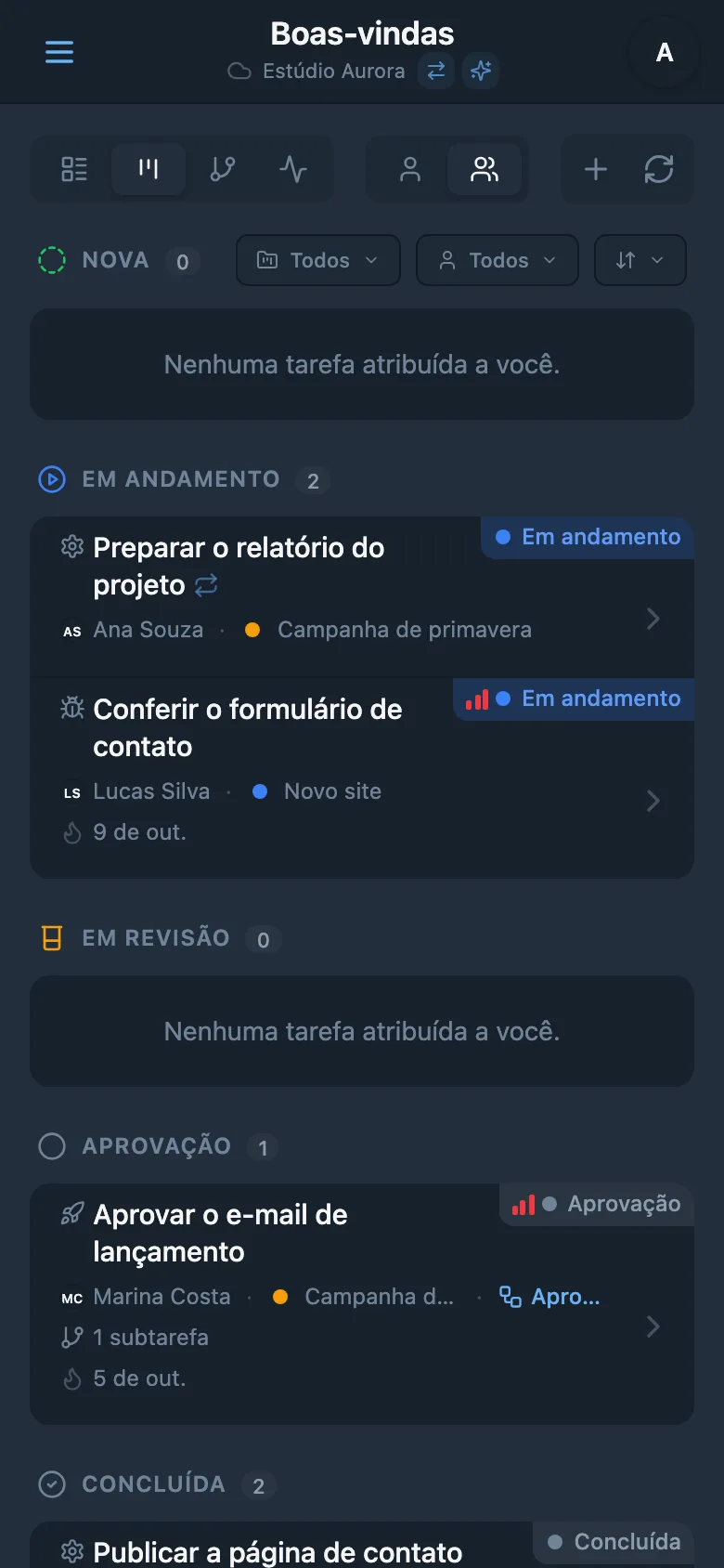Coluna de tarefas concluídas no quadro Kanban