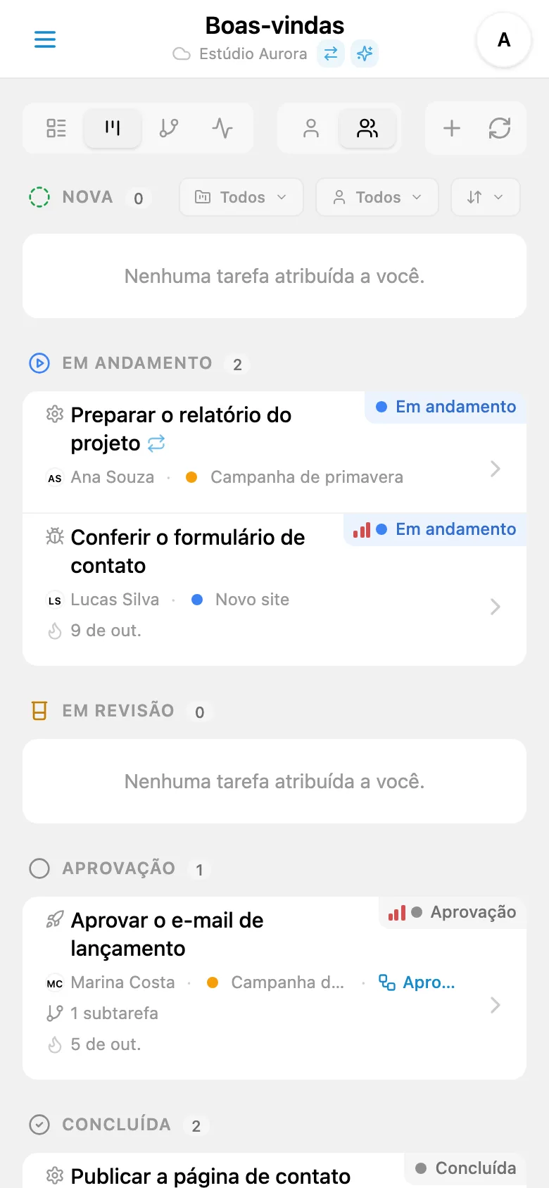 Coluna de tarefas concluídas no quadro Kanban