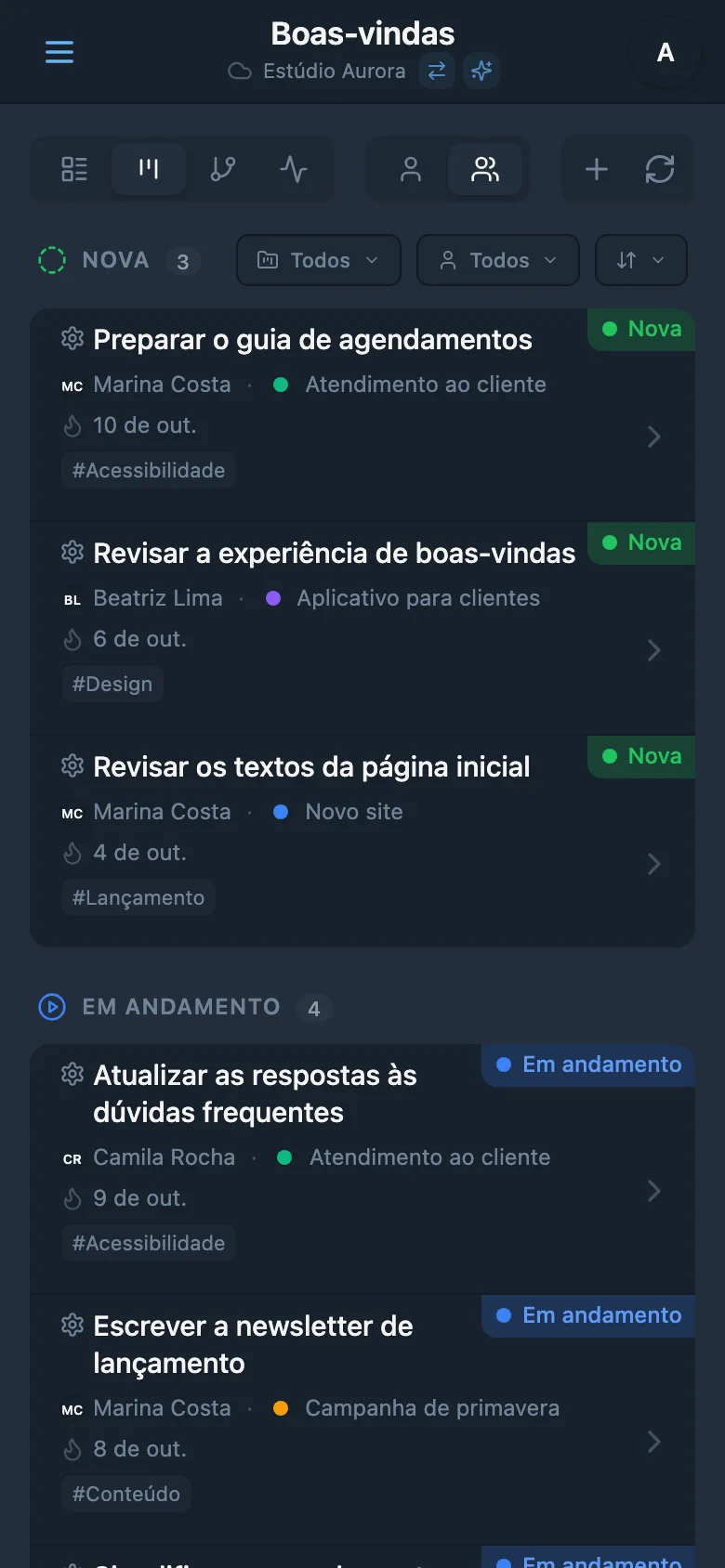Quadro Kanban com tarefas agrupadas por status