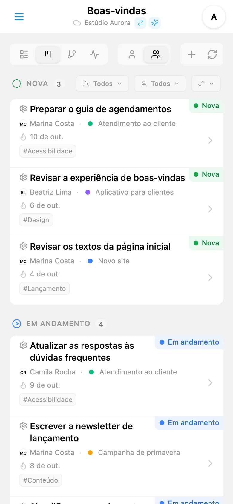 Quadro Kanban com tarefas agrupadas por status