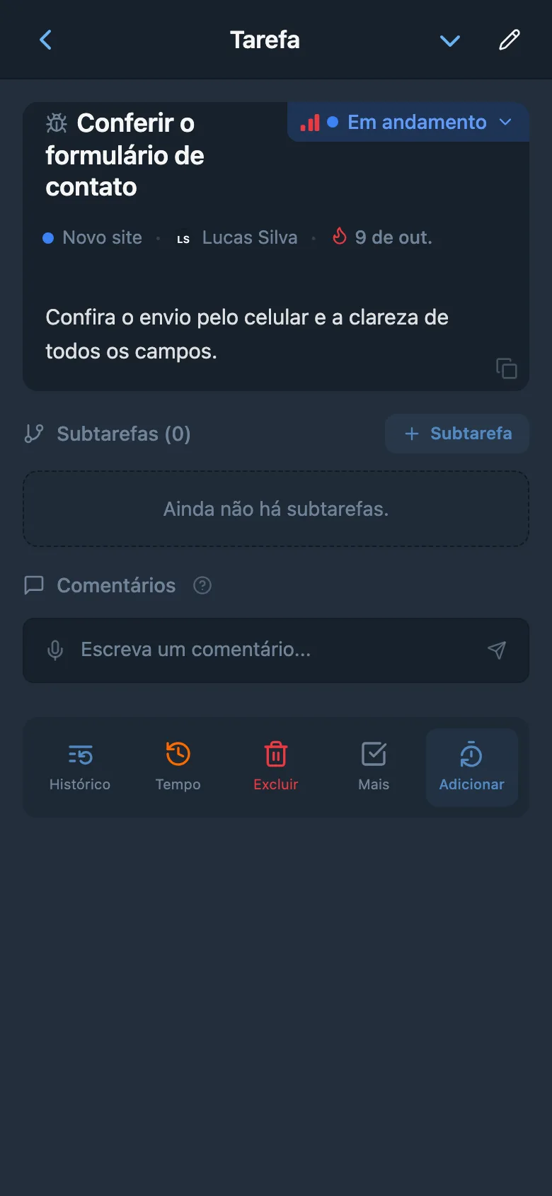 Tarefa aberta a partir do quadro Kanban do projeto