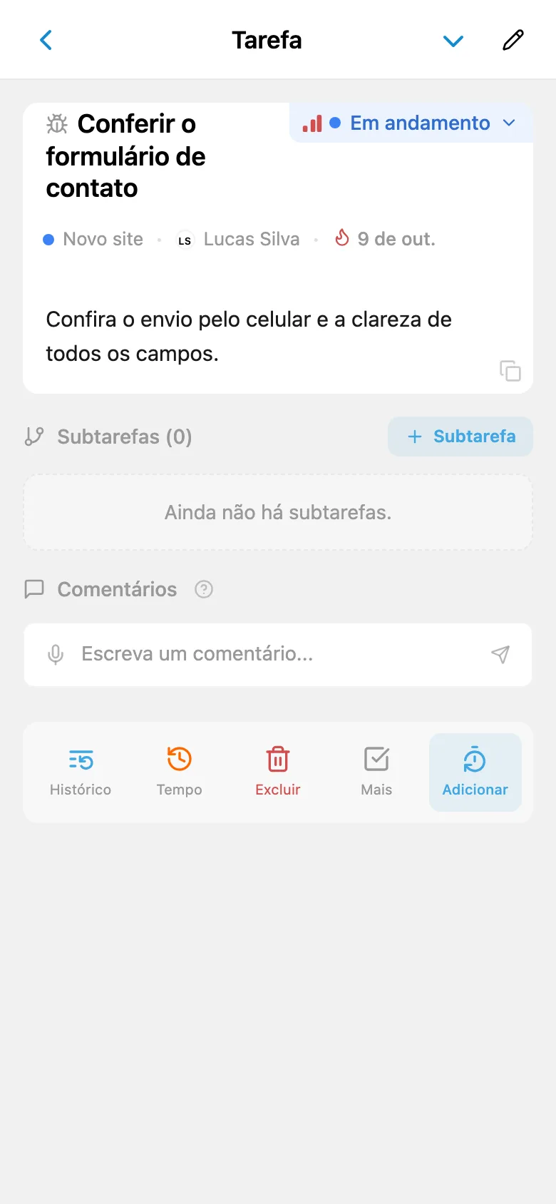 Tarefa aberta a partir do quadro Kanban do projeto