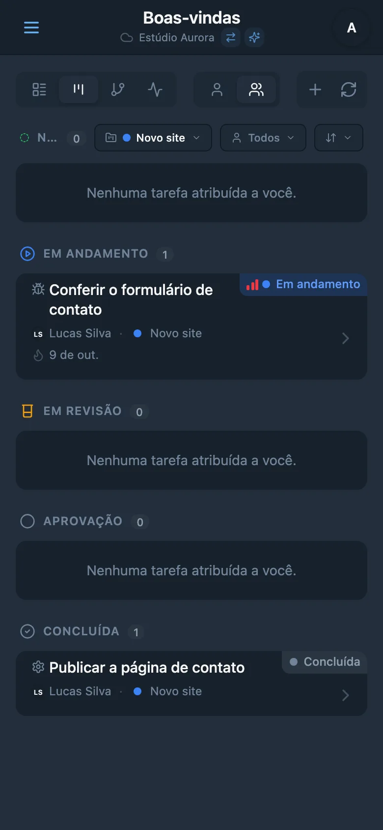 Quadro Kanban filtrado por projeto