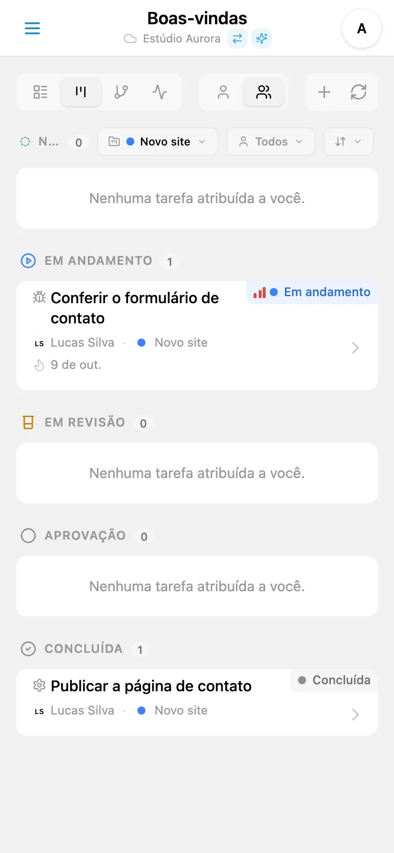 Quadro Kanban filtrado por projeto
