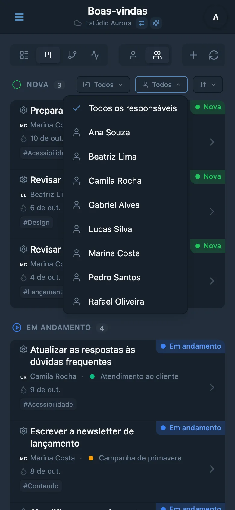 Filtro de tarefas por responsável