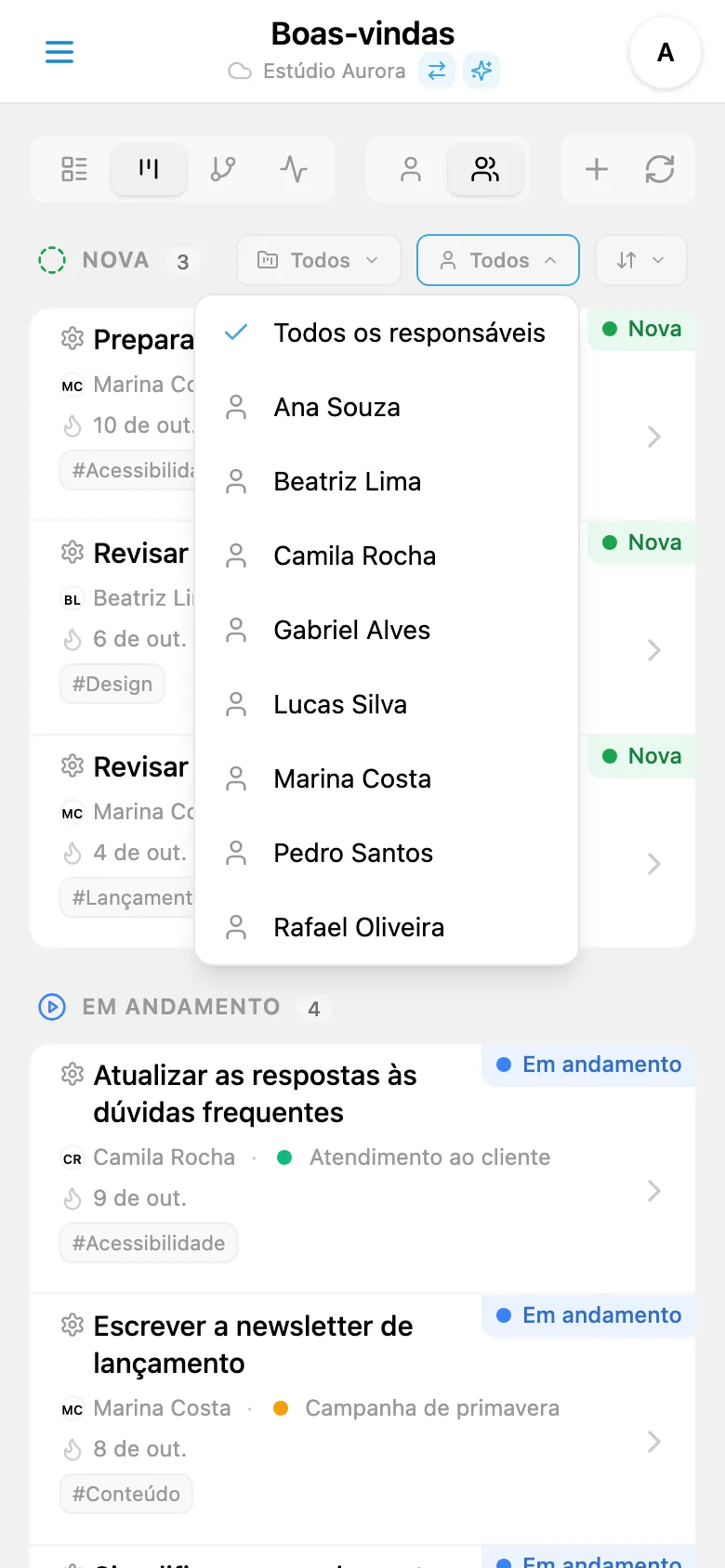 Filtro de tarefas por responsável