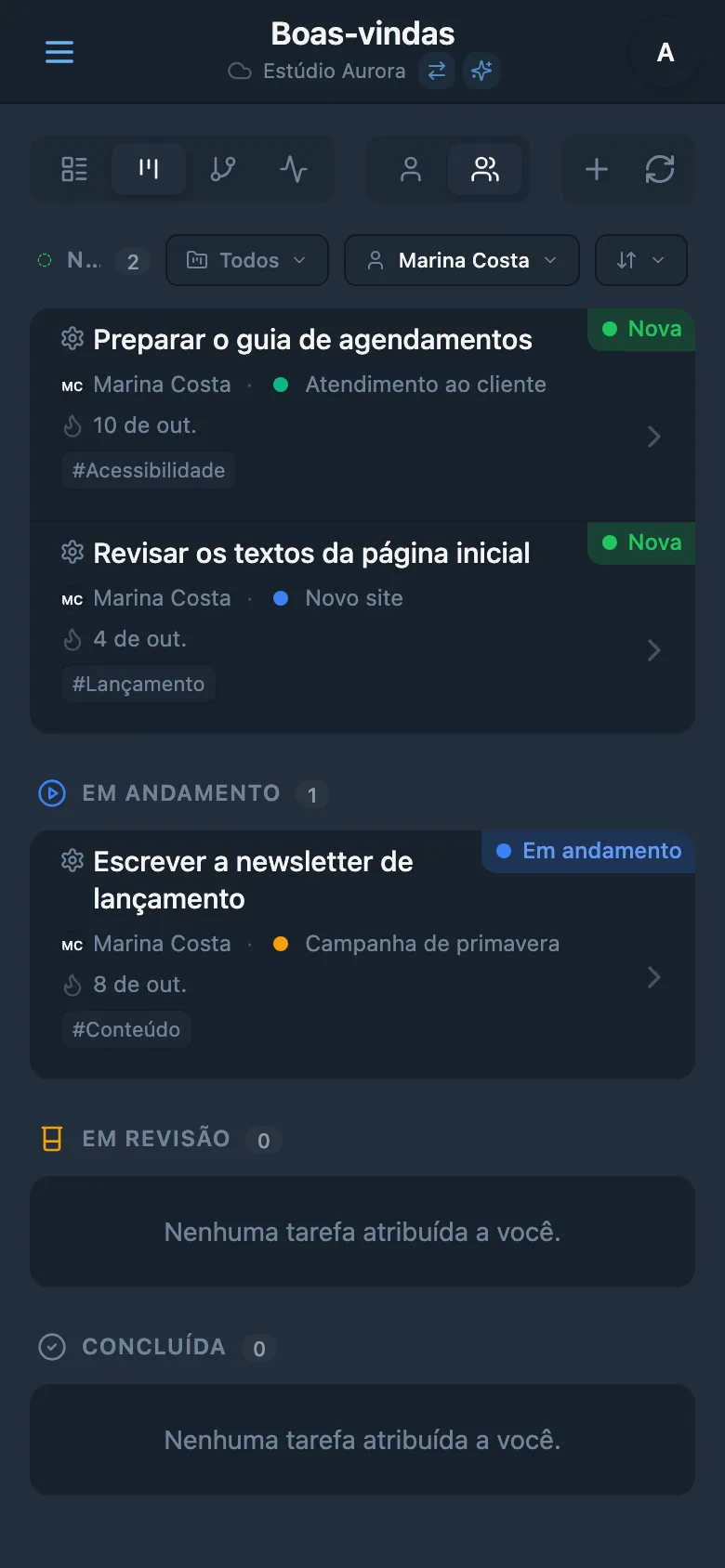 Quadro Kanban filtrado por responsável