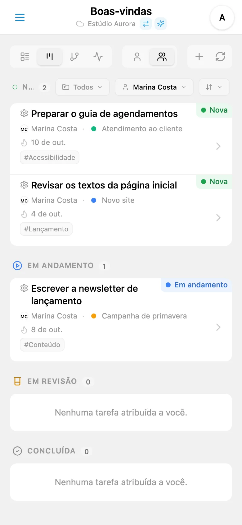 Quadro Kanban filtrado por responsável