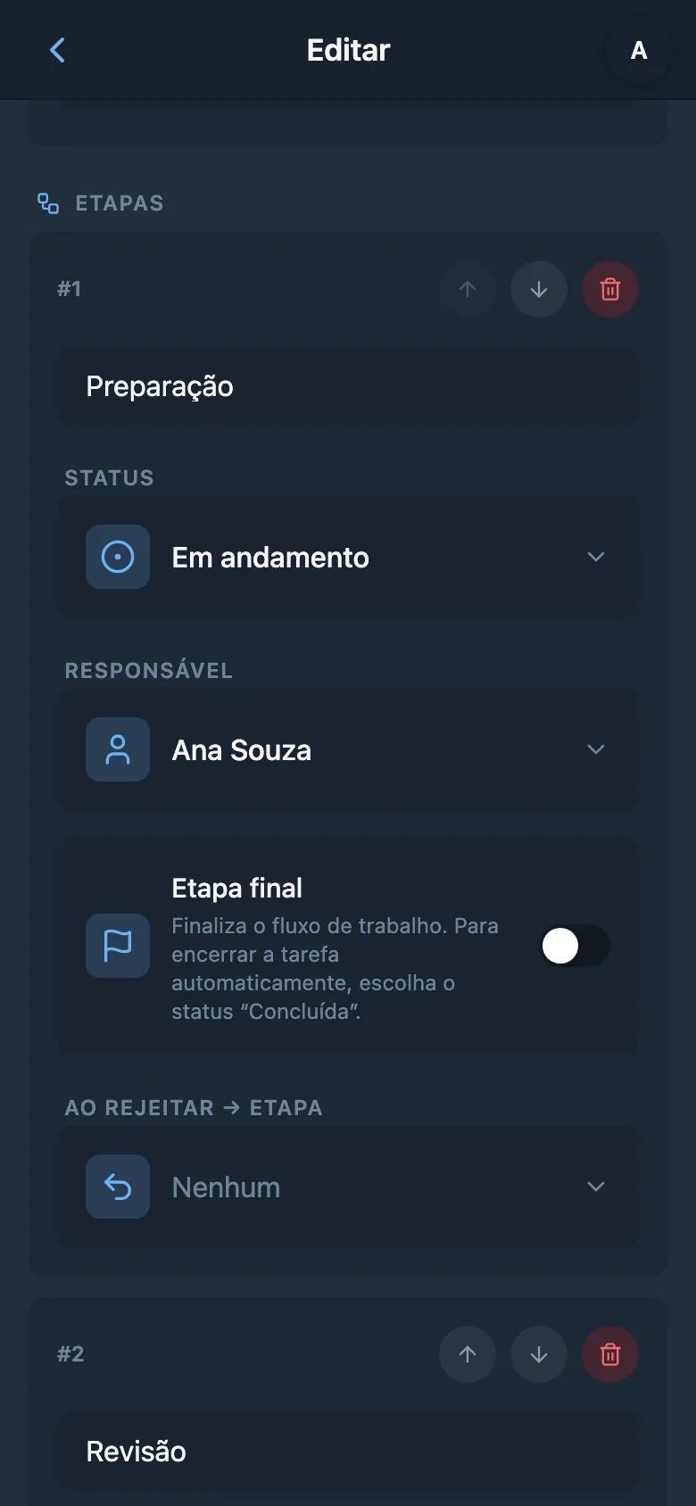 Configurações de etapa do fluxo com um membro responsável