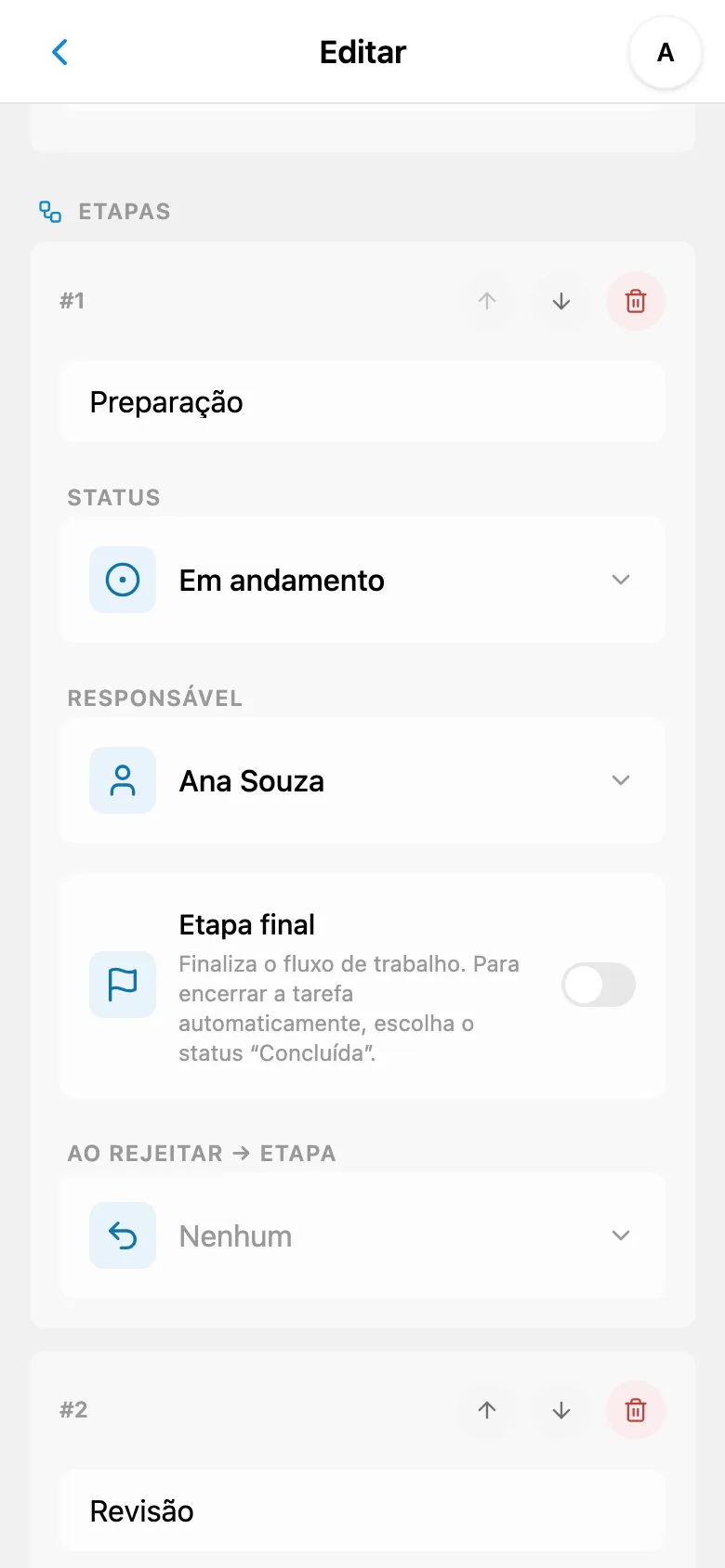 Configurações de etapa do fluxo com um membro responsável