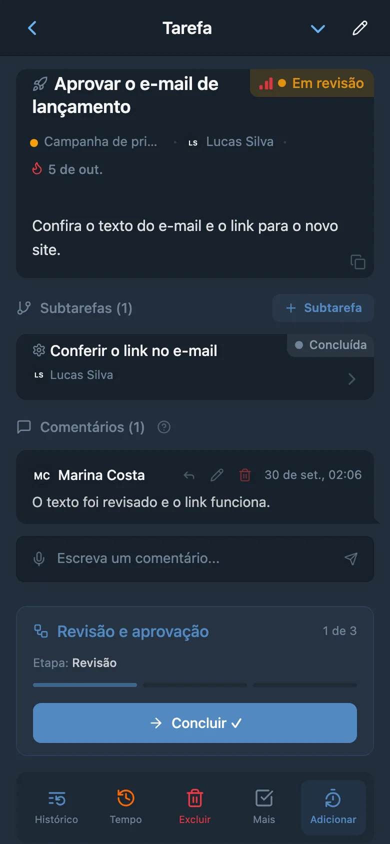 Tarefa na etapa de revisão com botão para avançar à próxima etapa