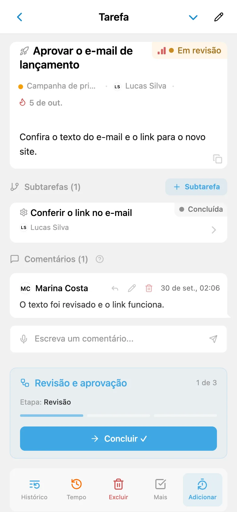 Tarefa na etapa de revisão com botão para avançar à próxima etapa