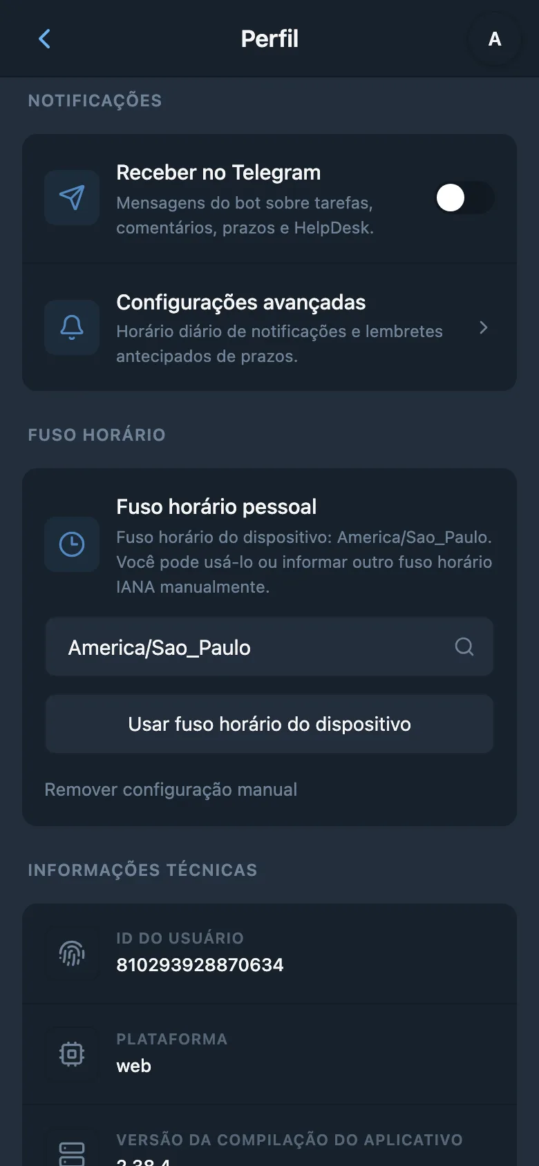 Configurações de fuso horário, horário de notificações e lembretes antecipados de prazos